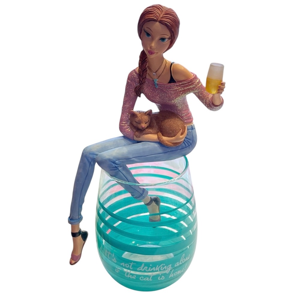 Pavilion Hiccup Girl Wine Glass It's Not Drinking Alone If The Cat Is Home 8.75"